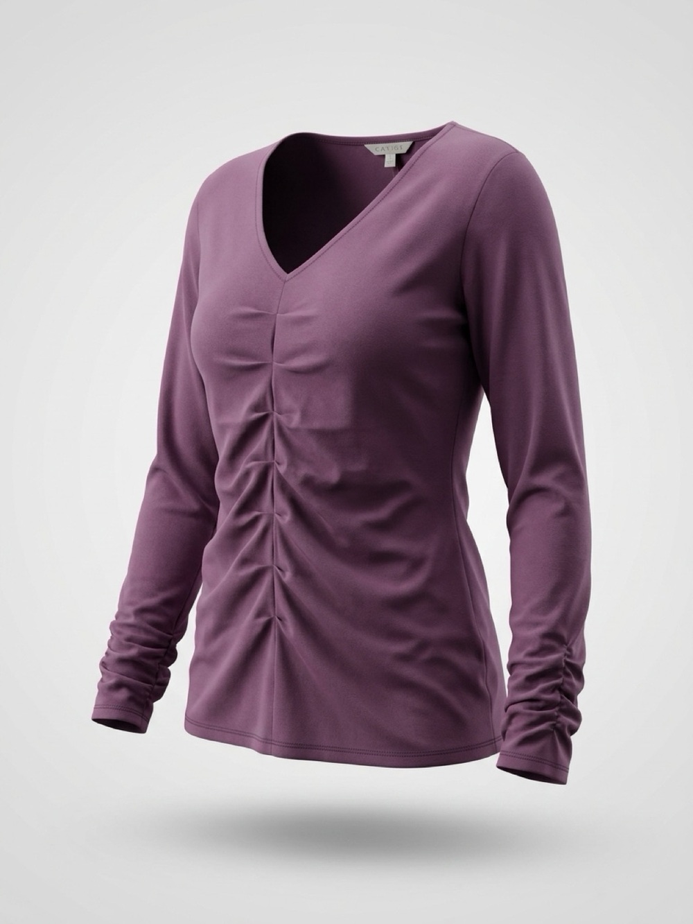 CAbi Plum Ruched V-Neck Long Sleeve Top